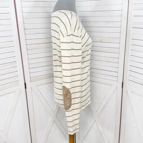 Lauren Ralph Lauren Striped Elbow Patch Ribbed Knit T Shirt Cream Tan Large - Picture 3 of 11